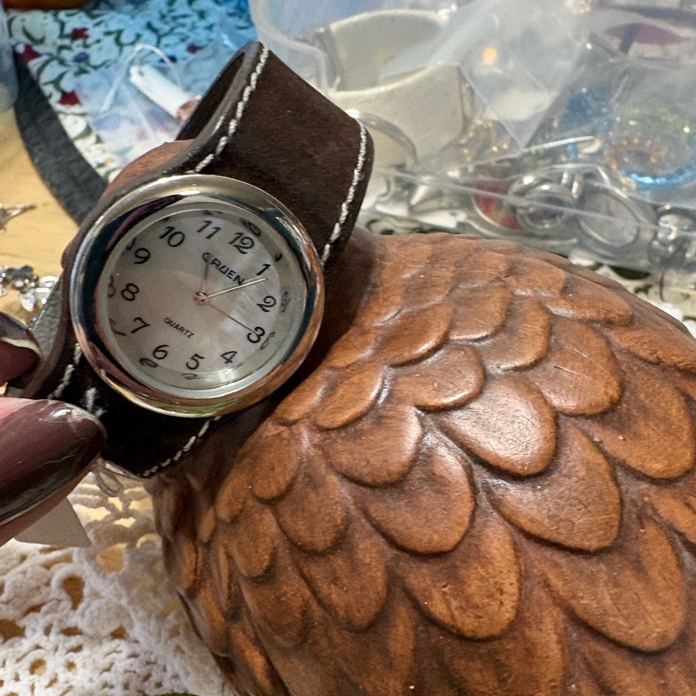 W13 Gruen Brown Leather Bangle  Watch with Silver Accents